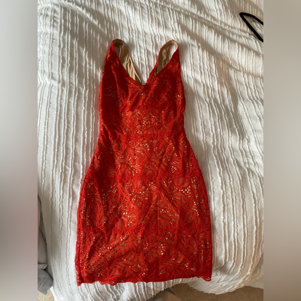 Coral/red lace bebe dress